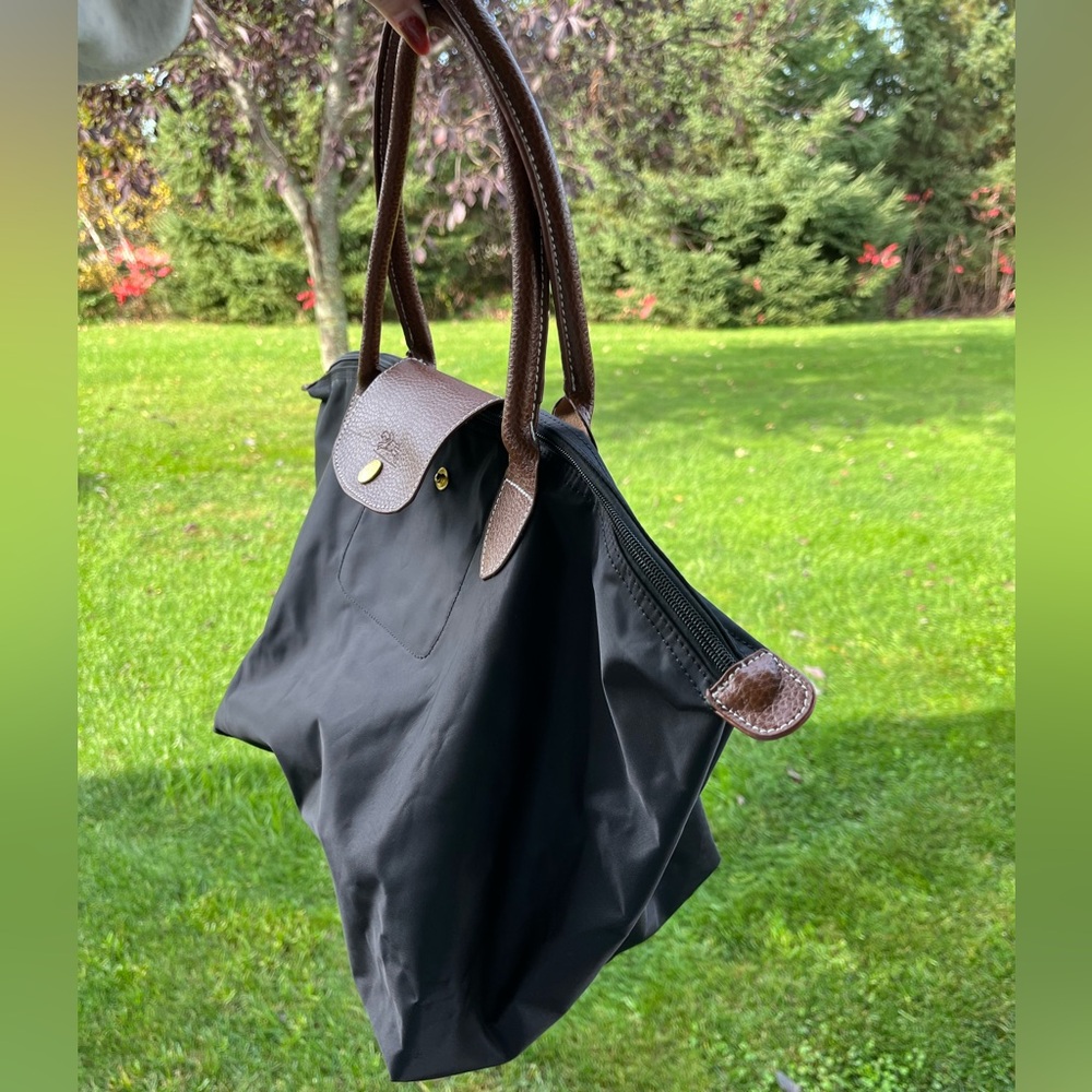 Longchamp medium le pilage nylon shoulder tote bag purse black brown - Picture 9 of 11